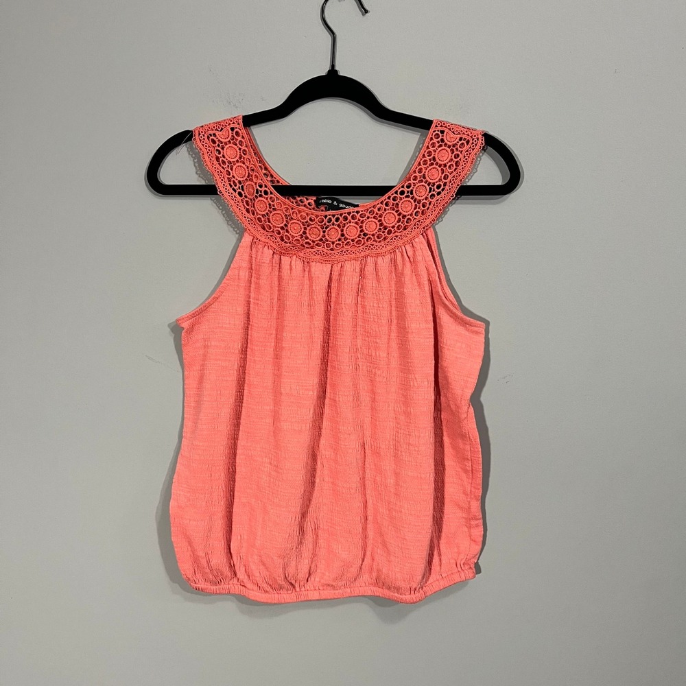 Cable & Gauge Coral Crochet Lace Collar Bubble Hem Slub Knit Top Small